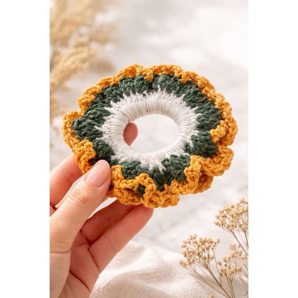 Handmade Crochet Scrunchie Boho Hair Tie Soft Cotton Elastic Green Mustard White